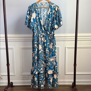 Knox Rose Blue Floral Short Sleeve Wrap Midi Summer Rayon Dress XL
